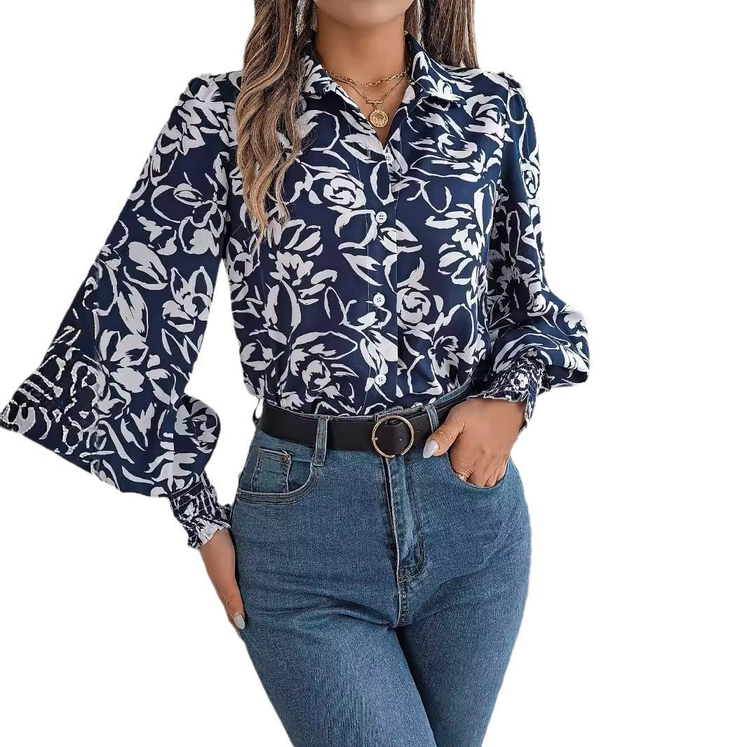 Contrast Color Flower Lantern Sleeve Lapel Shirt - White, Blue, Polyester