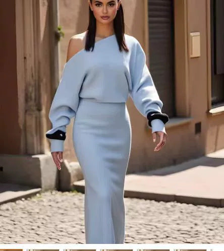Robe de soirée moulante en maille tricotée à manches longues et col bardot