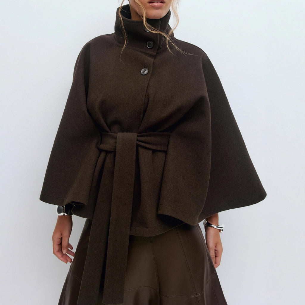 Women's Solid Color Stand-Collar Trench Coat in Apricot, Coffee, Black & Khaki