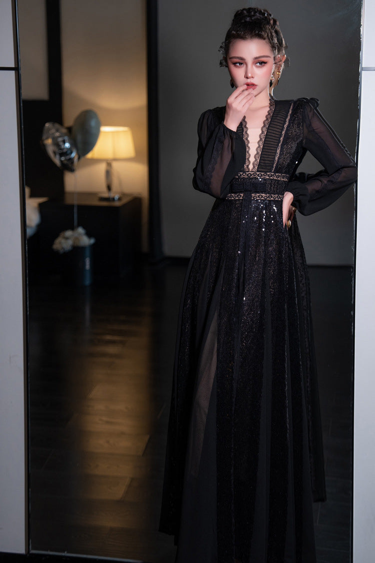 Robe de luxe arabe à col en V, manches longues et taille mi-haute avec grand ourlet