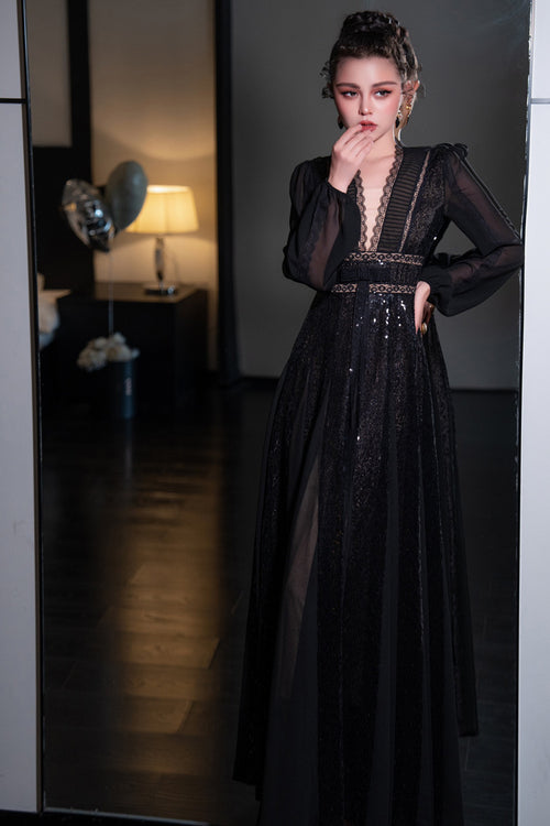 V-Neck Long Sleeve Mid Waist Luxury Dress with Big Hem