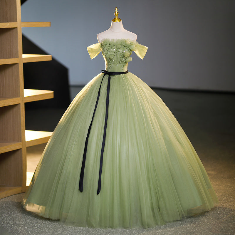 Ladies Retro Green Embroidered Bridal Toast Dress Mid-Waist