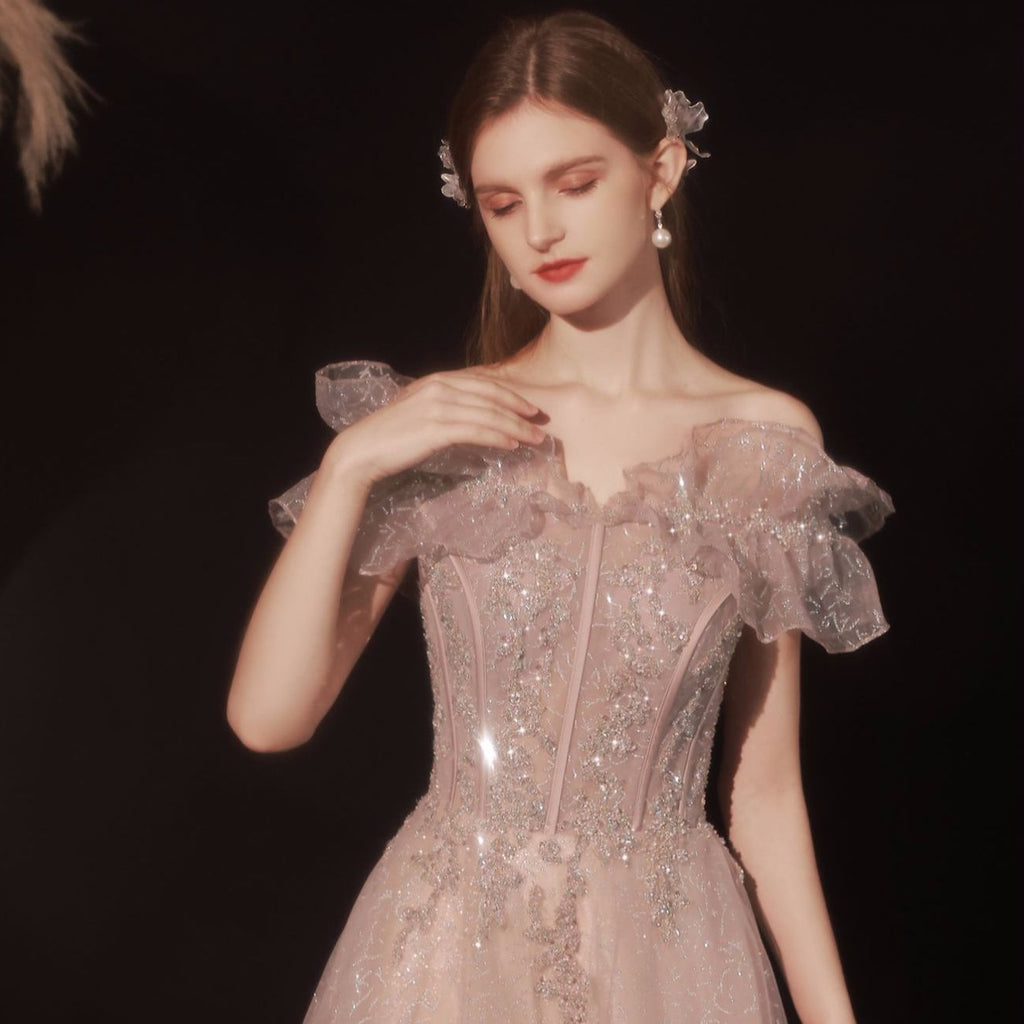 Women's Off Shoulder Pink Dinner Dress with Straps