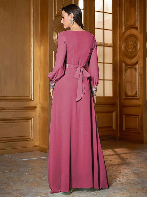 Princess Rose Red Embroidered Chiffon Dress Long Sleeve A-Line