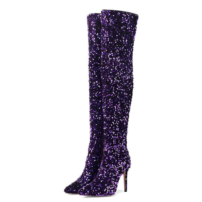 Sequin Side-Zip Over-the-Knee Stiletto Boots for Women