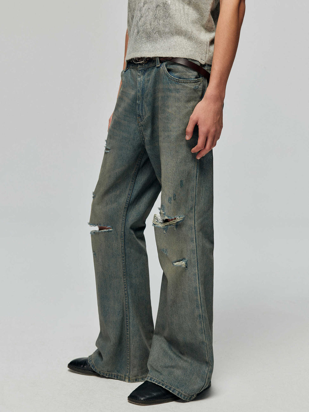 Cotton Washed Blue Retro Ripped Loose Micro-Flared Jeans Trousers