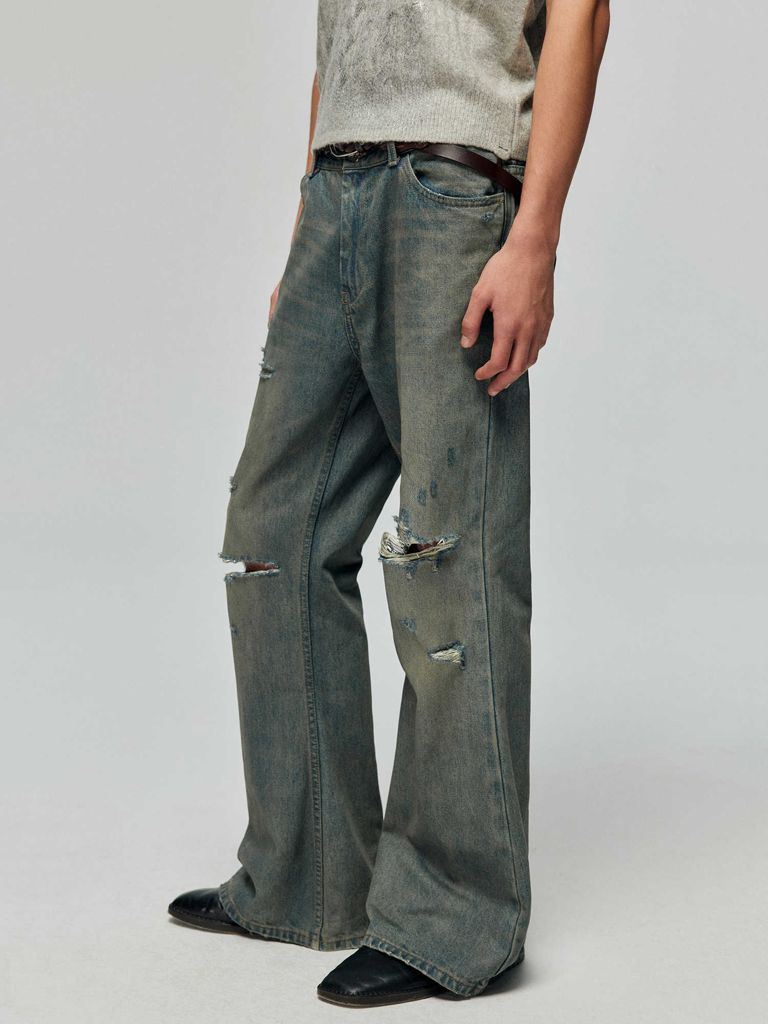 Cotton Washed Blue Retro Ripped Loose Micro-Flared Jeans Trousers