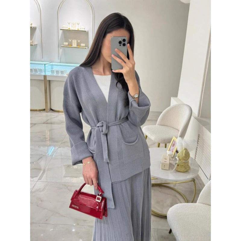Thermal Knitted Lace-Up Cardigan & Long Skirt Two-Piece Sweater Set