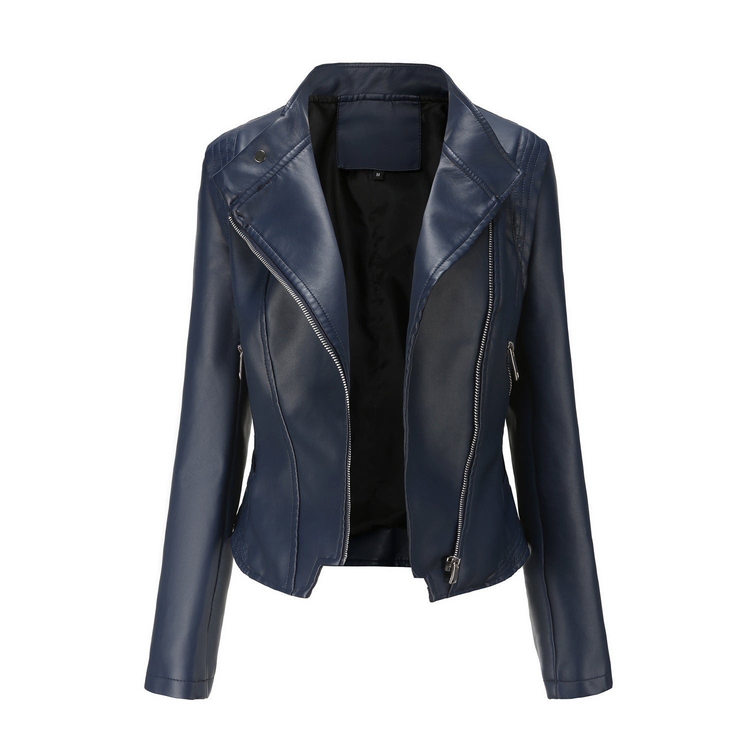 Women’s Slim-Fit PU Lapel Leather Coat with Pockets
