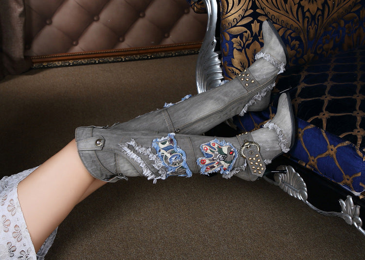 Bottes cuissardes en jean délavé à talons aiguilles pour femme