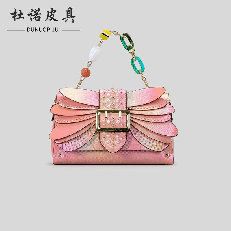 Contrast Color Rivet Butterfly Wings PU Handbag Crossbody Bag