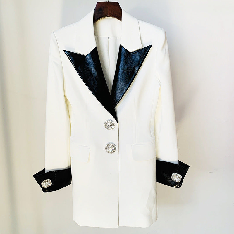Contrast Leather Collar Diamond Stitching Jacket