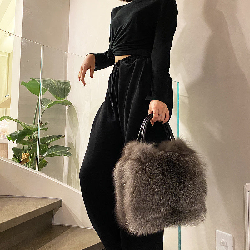 Sac à main et à bandoulière en fourrure de renard pour femme 30 cm x 23 cm
