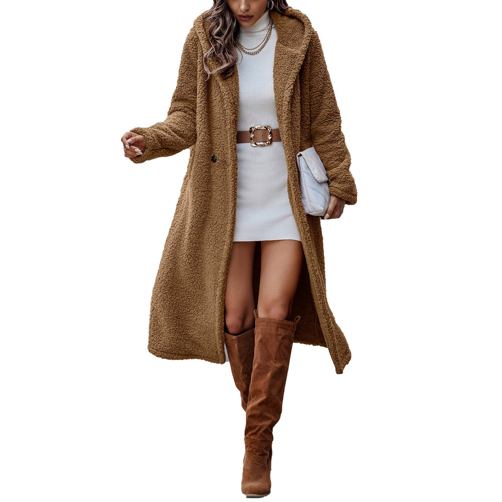 Veste à capuche en peluche marron à manches longues pour femme - Tailles S à 2XL
