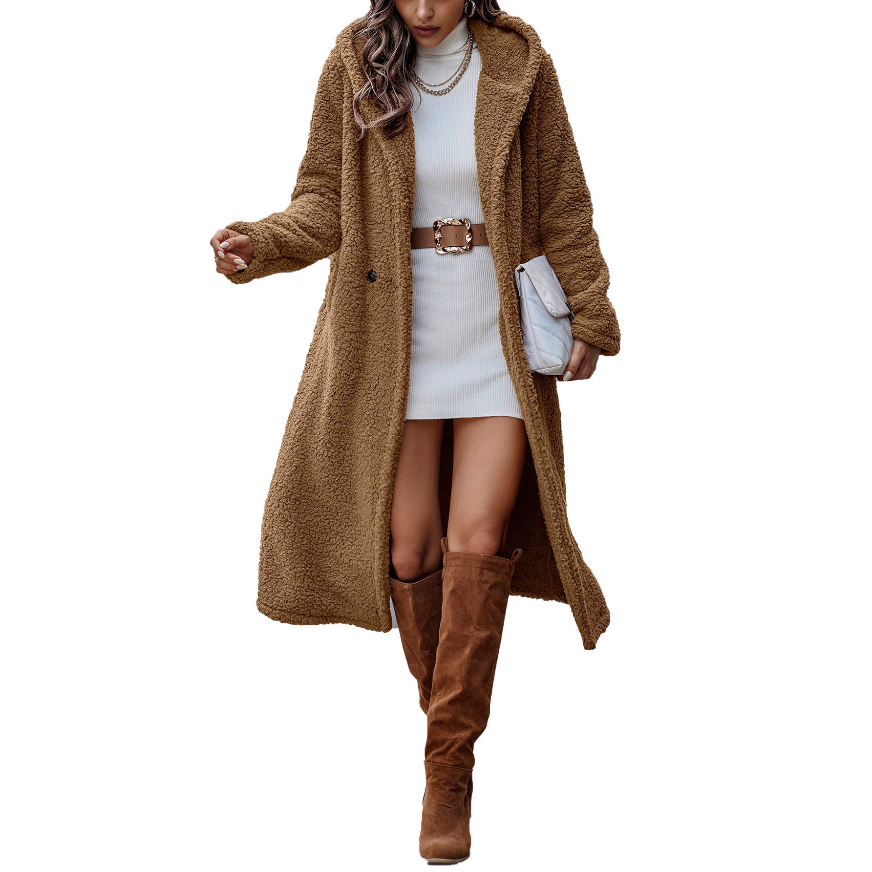 Veste à capuche en peluche marron à manches longues pour femme - Tailles S à 2XL