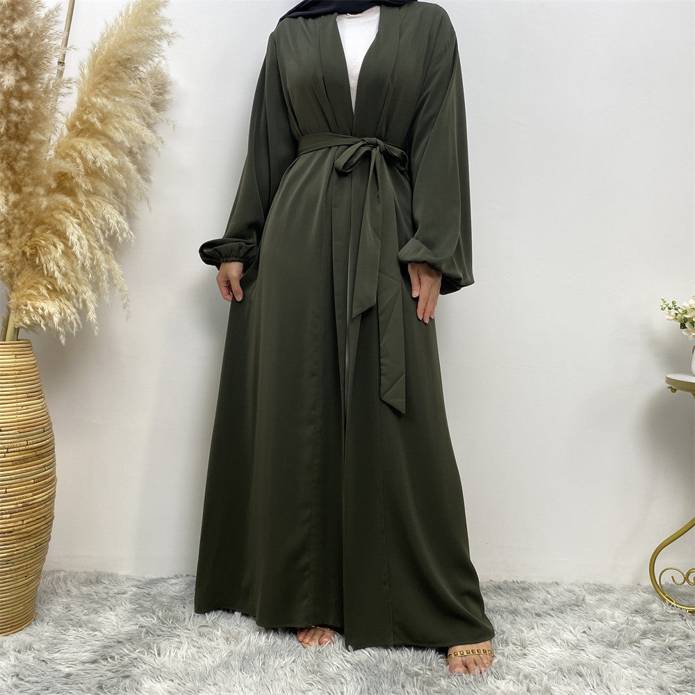 Lace-Up Cardigan Robe with Cuffs & Pockets for Middle Eastern Women