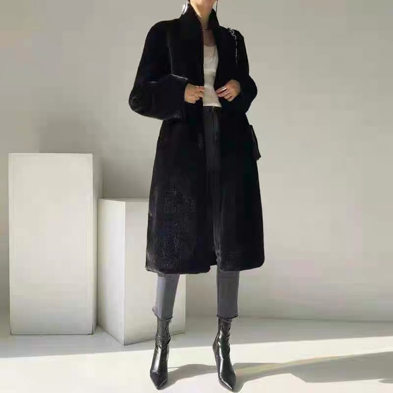 Manteau mi-long en fausse fourrure de martre noir pour femme avec col montant