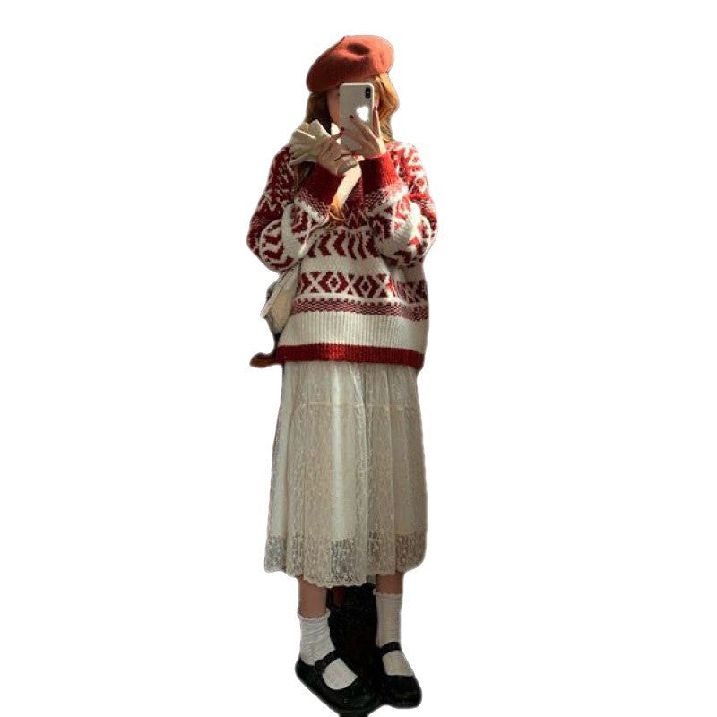Loose Red Pullover New Year Sweater Top with Round Neck