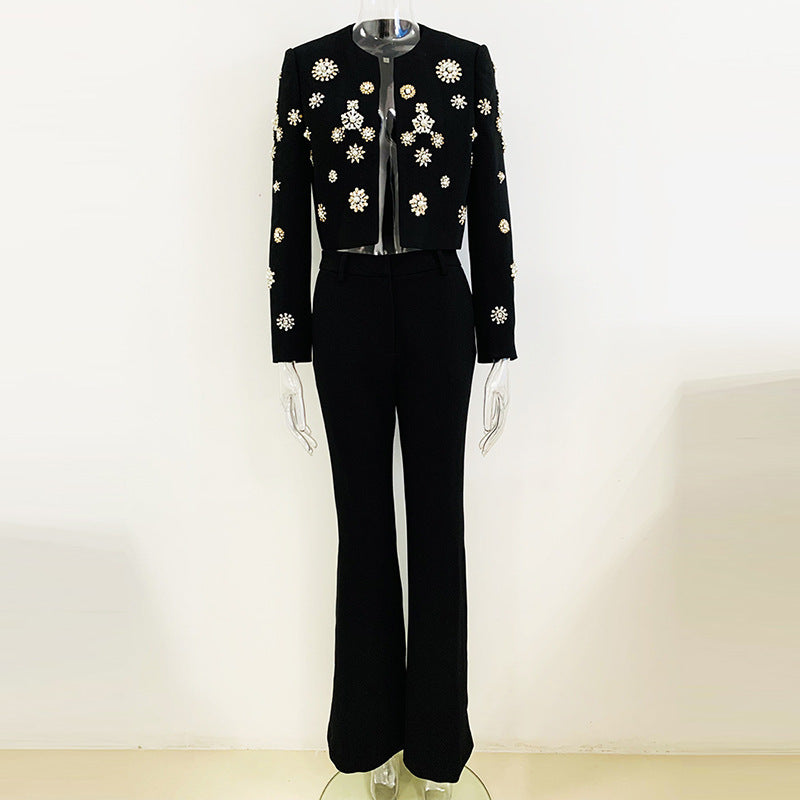 Fashionable Bell-Bottom Pants Suit with Diamond Set Polyester Coat