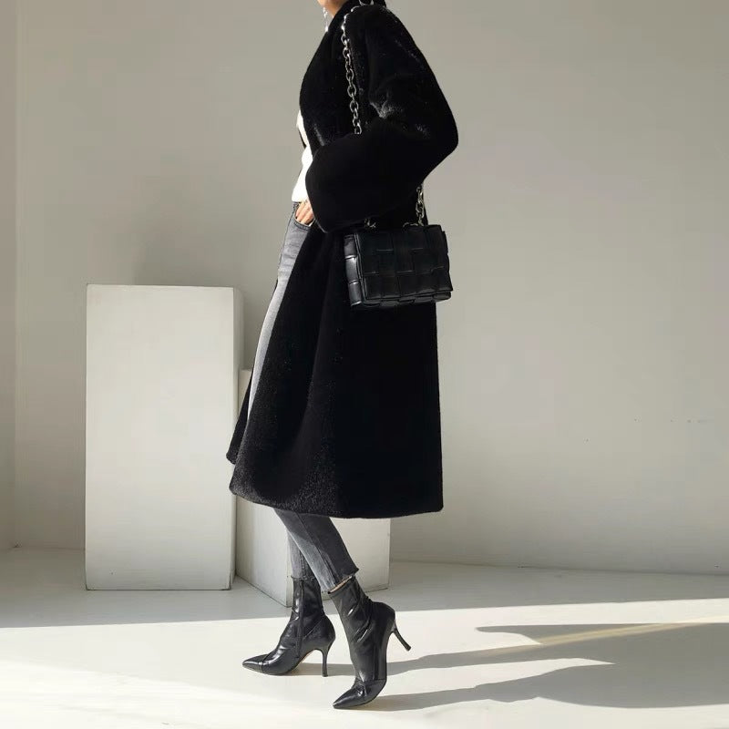 Manteau mi-long en fausse fourrure de martre noir pour femme avec col montant