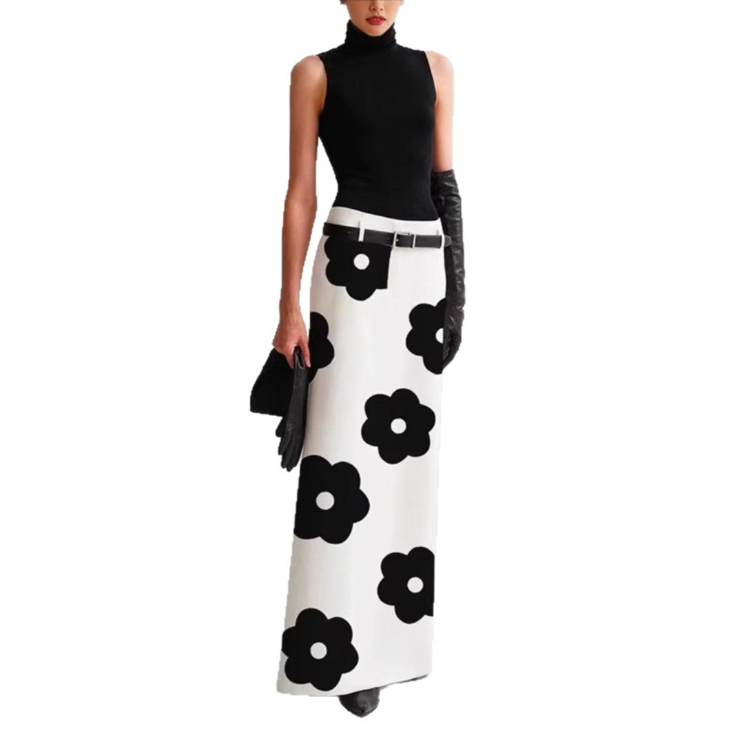 Elegant Black-and-White Printed Polyester Skirt for Women