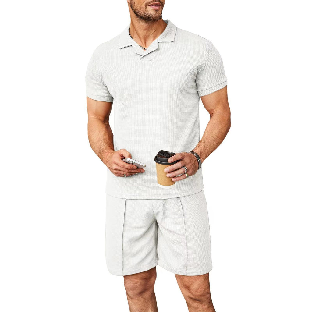 Lot de 2 polos à col en V pour homme, manches courtes, style gaufré, t-shirt décontracté d'été