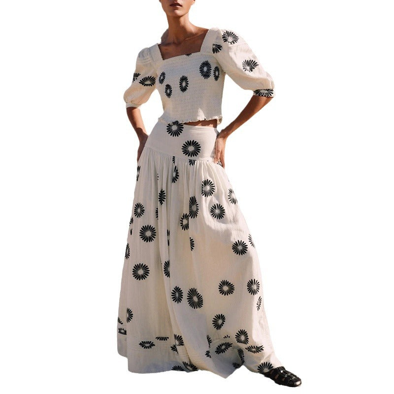 White Floral Puff Sleeve Two-Piece Summer Set with Top & Skirt