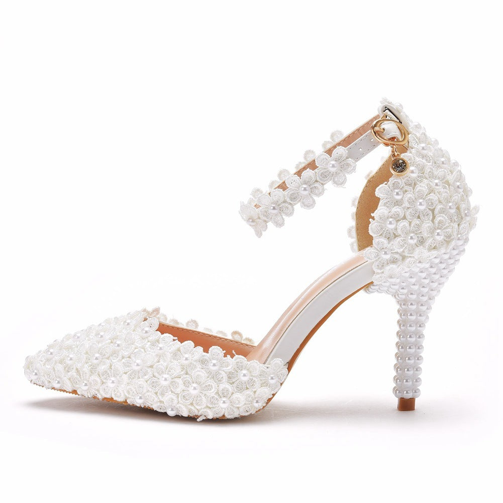 White Pointed Toe Stiletto Heel Lace Wedding Sandals