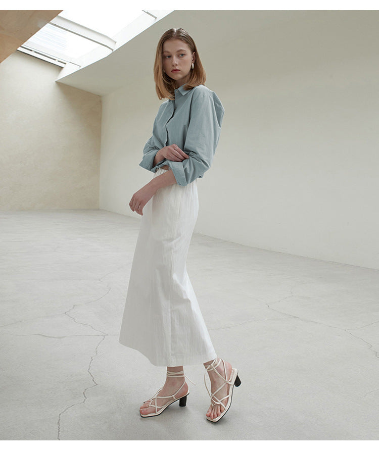Cotton Hem Elastic Waist Slimming Solid Color Long Sleeve Shirt