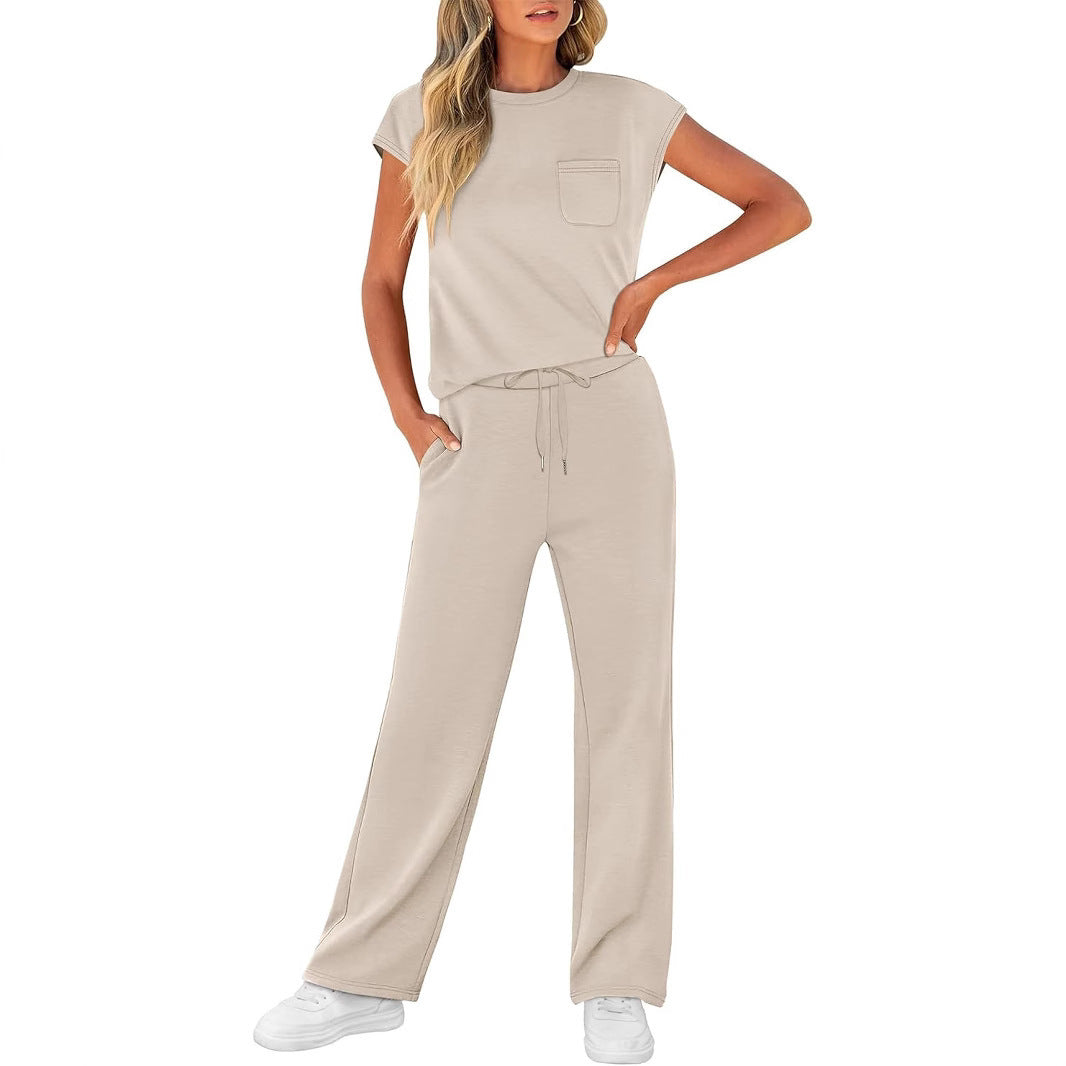 Round Neck Loose Short Sleeve Pocket Two-Piece Casual Suit