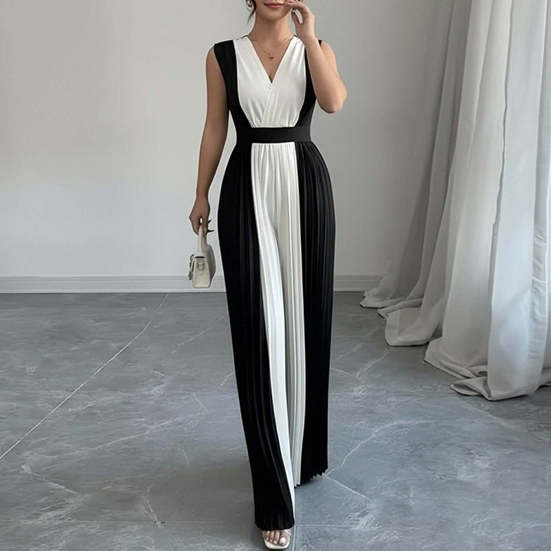 Women’s Elegant Sleeveless Printed V-Neck Wide-Leg Jumpsuit
