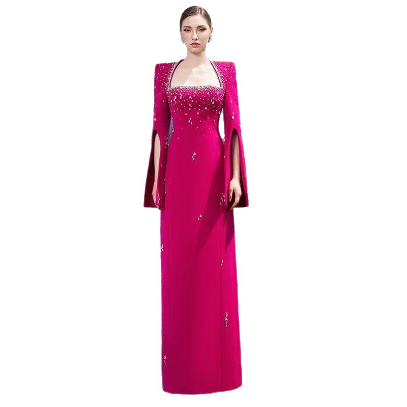 Embellished Beaded Long A-Line Dress with Slit Sleeve and Square Neckline