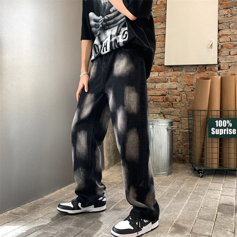 Jean droit noir en coton délavé Tie-Dye Hip-Hop pour hommes et femmes