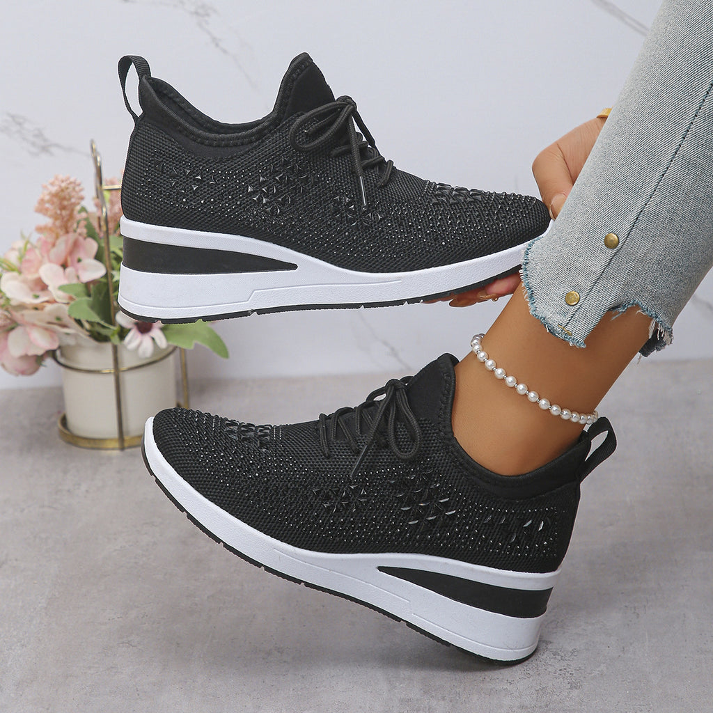 Baskets compensées à lacets Ins Rhinestone pour femmes Chaussures de sport décontractées
