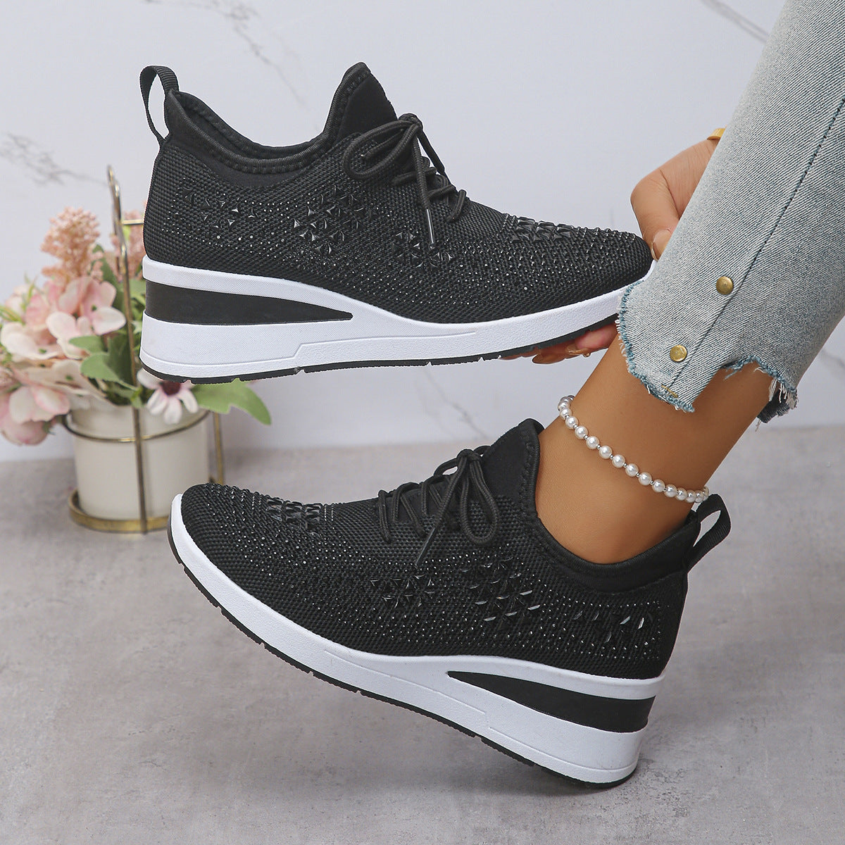 Ins Rhinestone Lace-Up Wedge Sneakers Women's Casual Commuting Sports Shoes