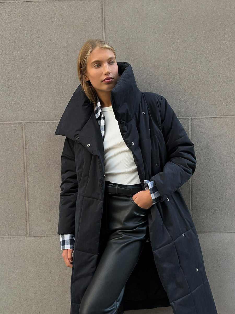 Fashion Large Lapel Long Winter Cotton Coat with Pockets and Lace-Up Design for Women