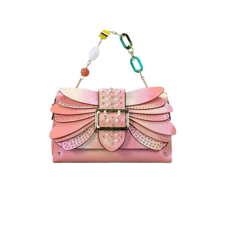 Contrast Color Rivet Butterfly Wings PU Handbag Crossbody Bag