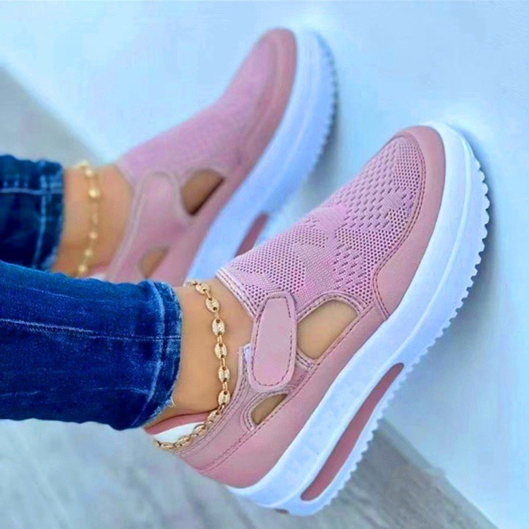 Breathable Flat Fly Knit Mesh Casual Shoes with Velcro Closure