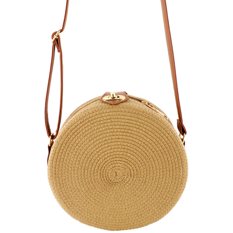 Retro Round Woven Straw Bucket Bag Medium Messenger Handbag
