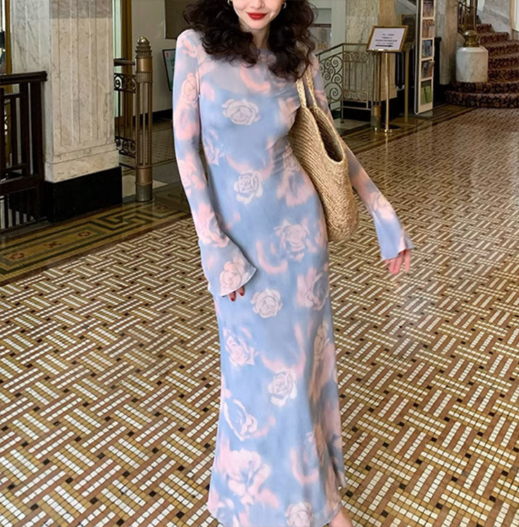 Vintage Blooming Rose Print Cotton Fishtail Dress for Women
