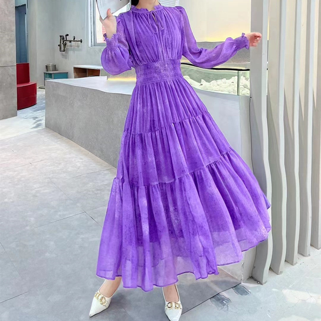 Robe de thé en mousseline élégante française mi-longue à manches bouffantes