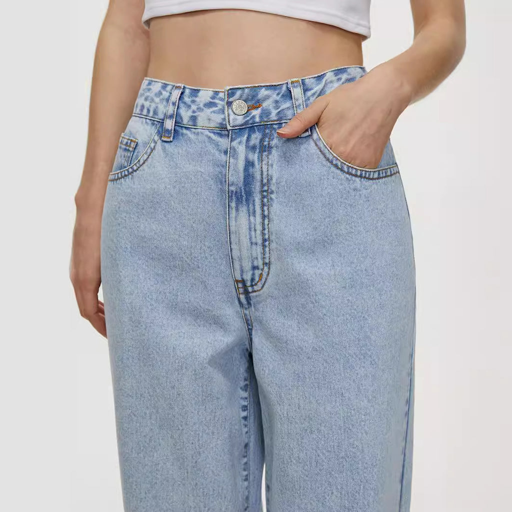Women's Light Blue High Waist Loose Straight Denim Trousers