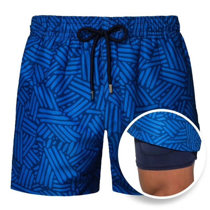 Men's Printed British Stripe Beach Shorts Double Layer Cotton Blend