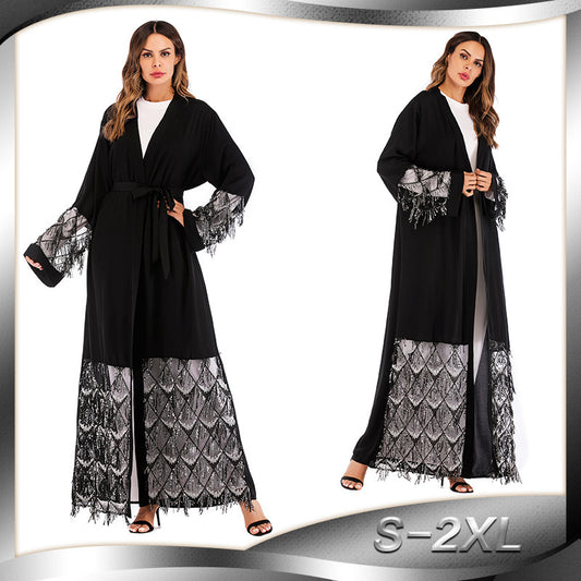 Fashion Robe Mesh Bead Panel Loose Lace Up Long Sleeve Cardigan, Middle Eastern Women’s Dress