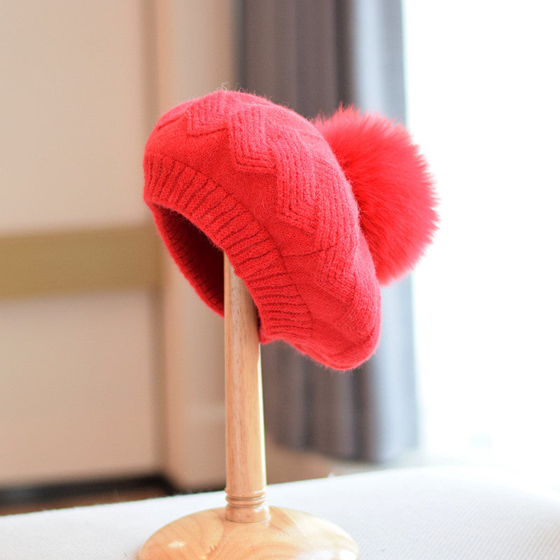 Bonnet en laine tricotée pour femme avec pompon en fourrure de renard, automne-hiver, taille M (56-58 cm)