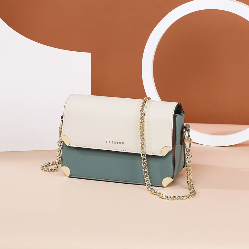 Women's Leather One Shoulder Chain Small Square Bag 19.5x13x6.5cm White Green