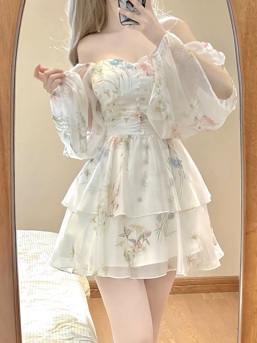 Puffy Waist-tight French Style Long Sleeve Floral Dress Women