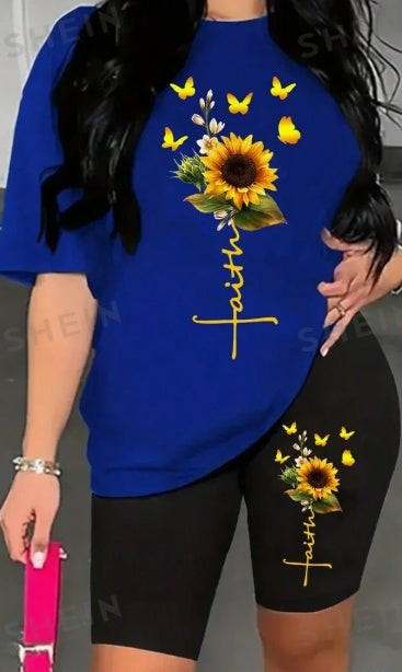 Ensemble T-shirt à manches courtes et short cycliste imprimé tournesol pour femme