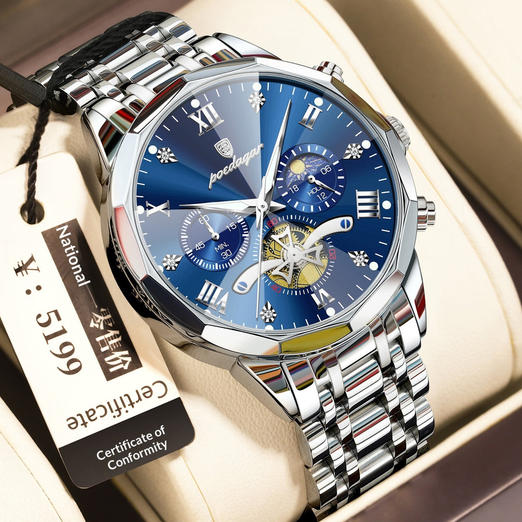 Waterproof Multifunctional Quartz Watch for Men with Stainless Steel Strap