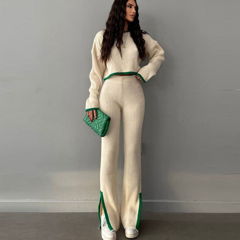 Lazy Color Contrast Women's Knitted Sweater Suit